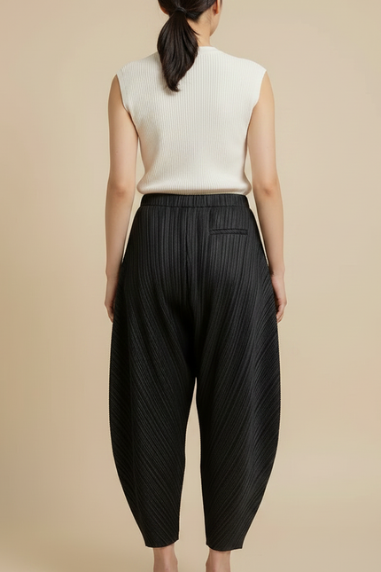 Pantalon Japonais Noir Plissé Ample Texturé Femme - Polyester - vue 2