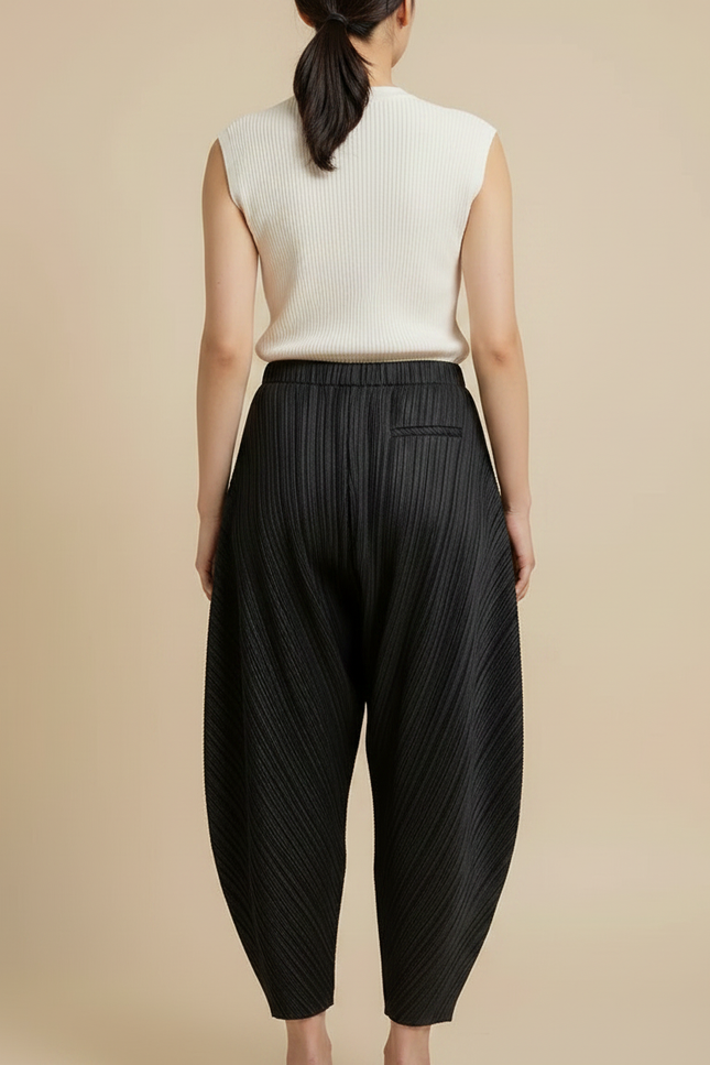 Pantalon Japonais Noir Plissé Ample Texturé Femme - Polyester - vue 2