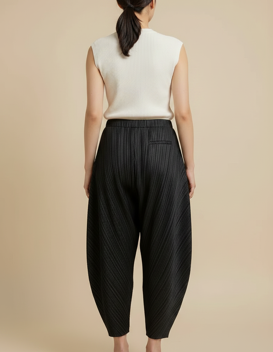 Pantalon Japonais Noir Plissé Ample Texturé Femme - Polyester - vue 2