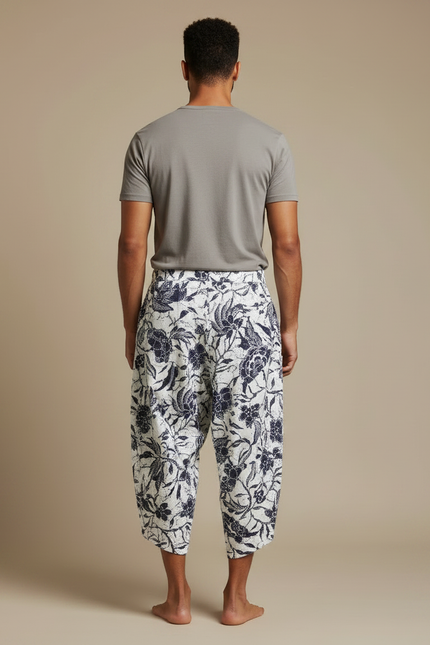 Pantalon Japonais Imprimé Floral Ample Coton Blanc Homme - vue 2