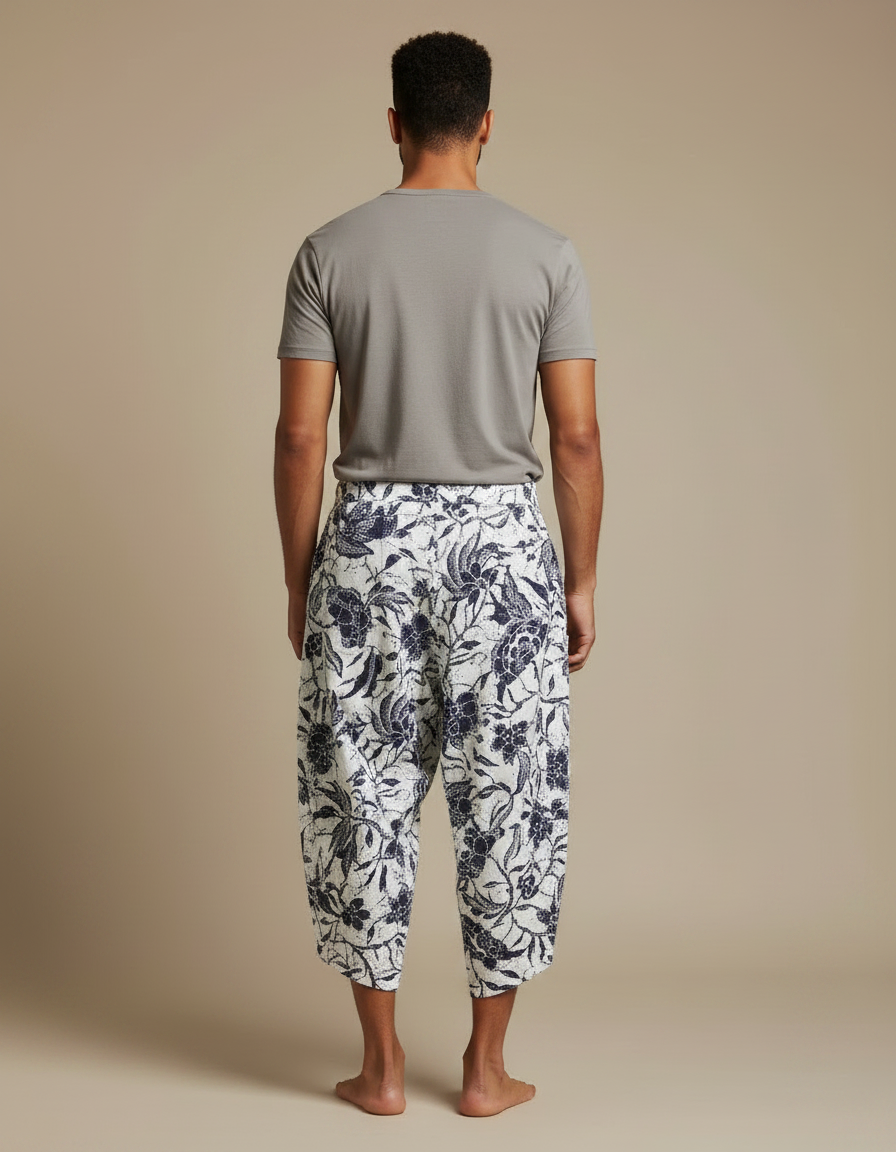 Pantalon Japonais Imprimé Floral Ample Coton Blanc Homme - vue 2