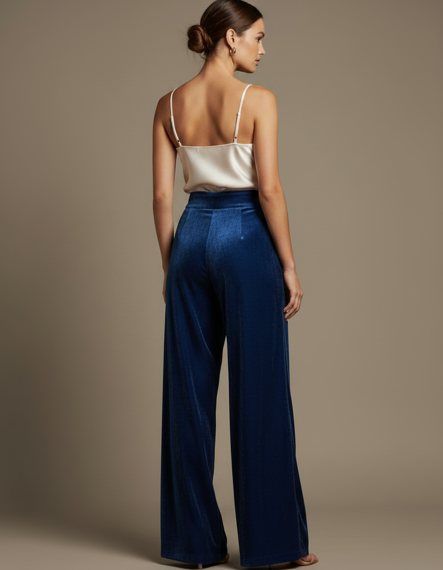 Pantalon Japonais Velours Bleu Ample Fluide Élégant - vue 2