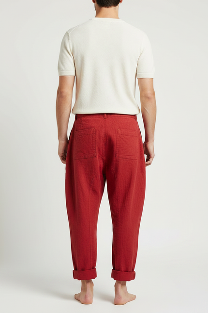 Pantalon Japonais Rouge Ample Lin Plissé Confortable - vue 2