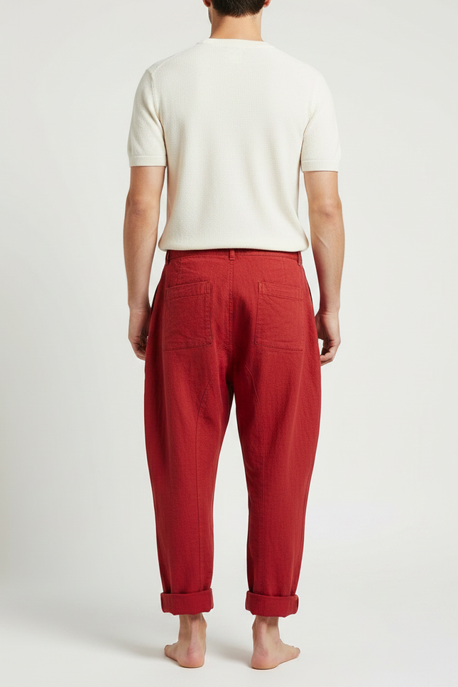 Pantalon Japonais Rouge Ample Lin Plissé Confortable - vue 2