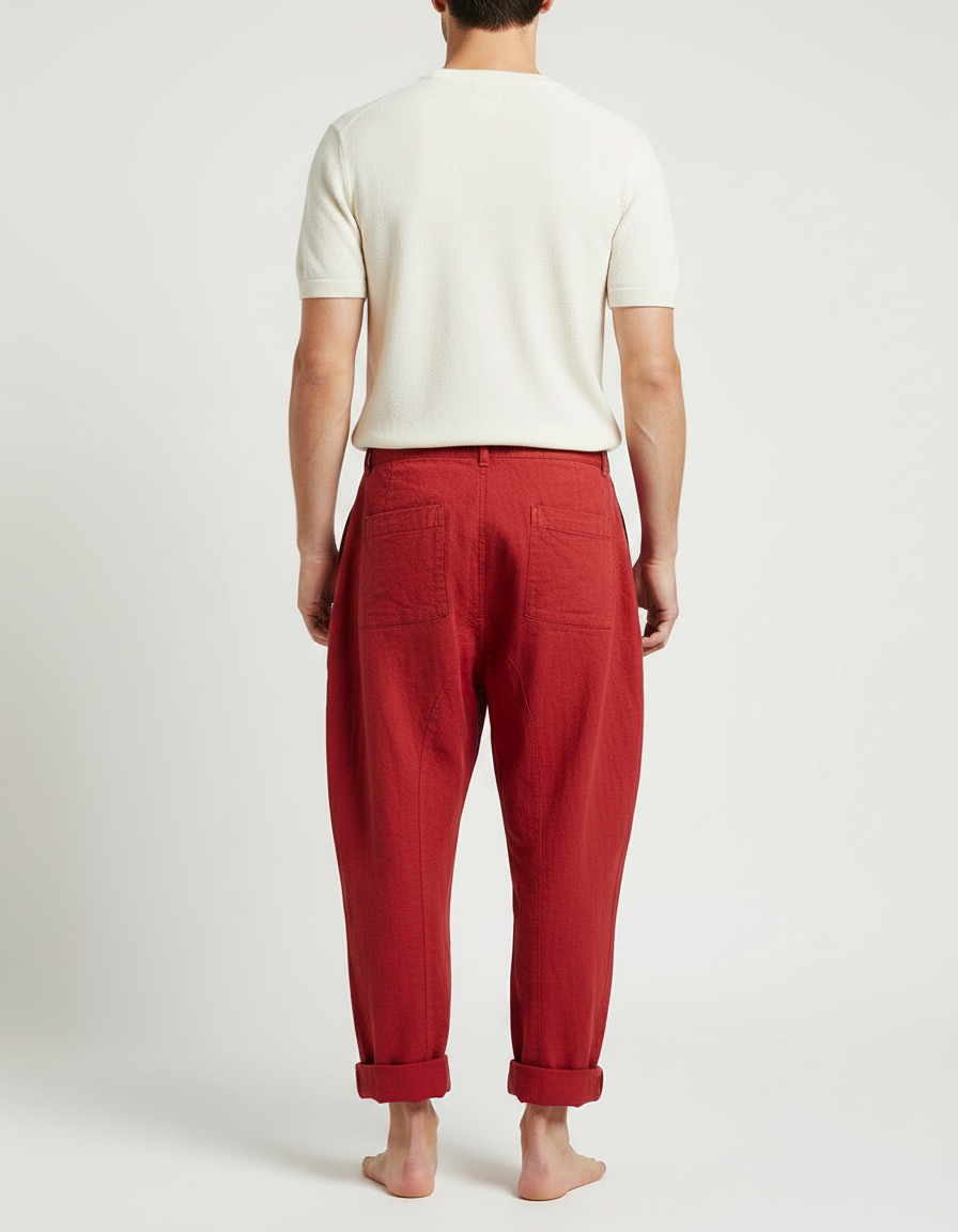 Pantalon Japonais Rouge Ample Lin Plissé Confortable - vue 2