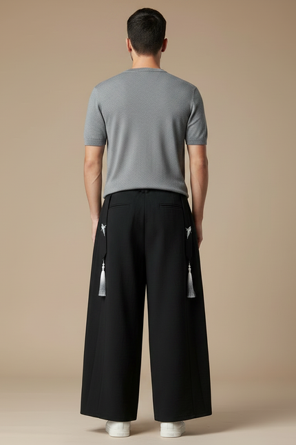 Pantalon Japonais Noir Ample Dragon Tassels Fluide - Polyester - vue 2