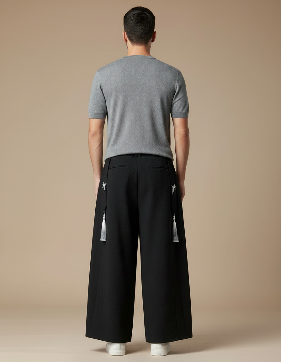 Pantalon Japonais Noir Ample Dragon Tassels Fluide - Polyester - vue 2