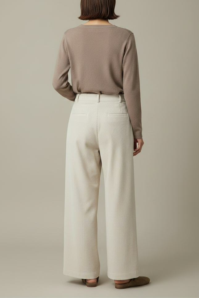 Pantalon Japonais Crème Côtelé Ample Fendu Élégant - Beige Cordé - vue 2