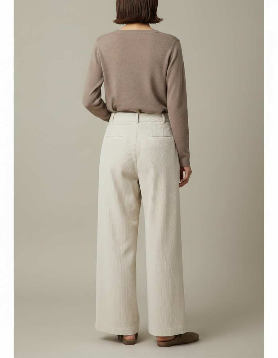 Pantalon Japonais Crème Côtelé Ample Fendu Élégant - Beige Cordé - vue 2