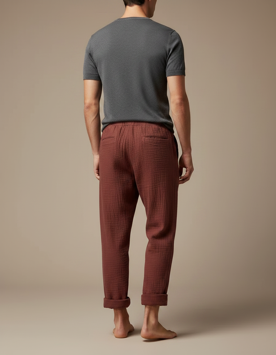 Pantalon Japonais Bordeaux Ample Texturé Coton Décontracté - vue 2