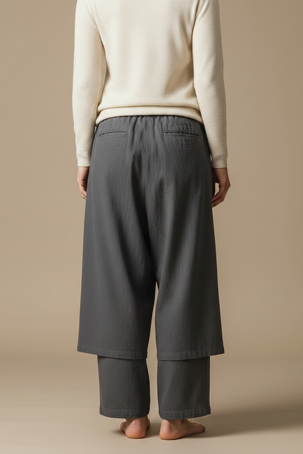 Pantalon Japonais Gris Asymétrique Coton Ample Moderne - vue 2