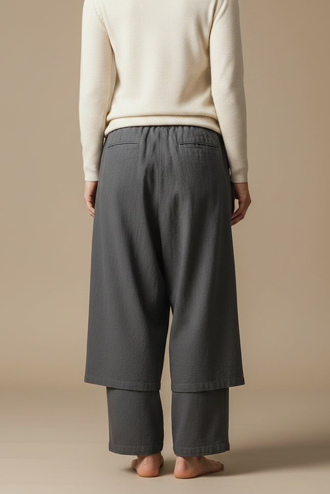 Pantalon Japonais Gris Asymétrique Coton Ample Moderne - vue 2