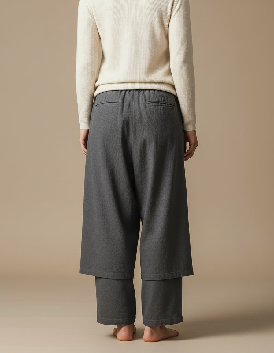 Pantalon Japonais Gris Asymétrique Coton Ample Moderne - vue 2