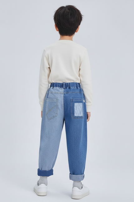 Pantalon Japonais Denim Patchwork Ample Décontracté Enfant - Bleu Jean - vue 2