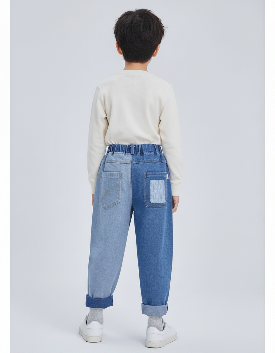 Pantalon Japonais Denim Patchwork Ample Décontracté Enfant - Bleu Jean - vue 2