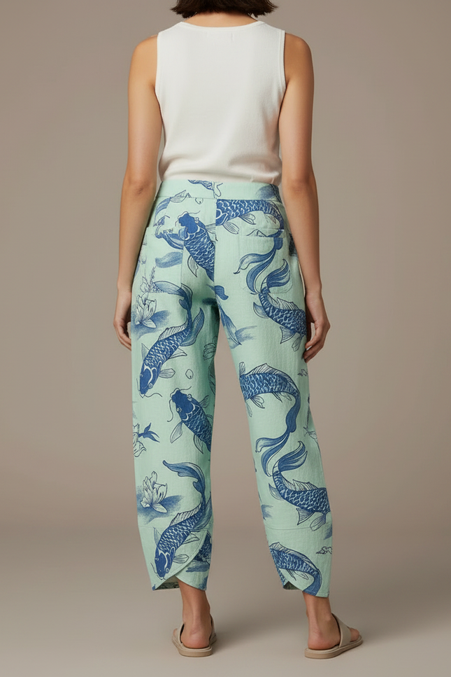 Pantalon Japonais Vert Menthe Carpe Koi Ample Fluide - Lin - vue 2