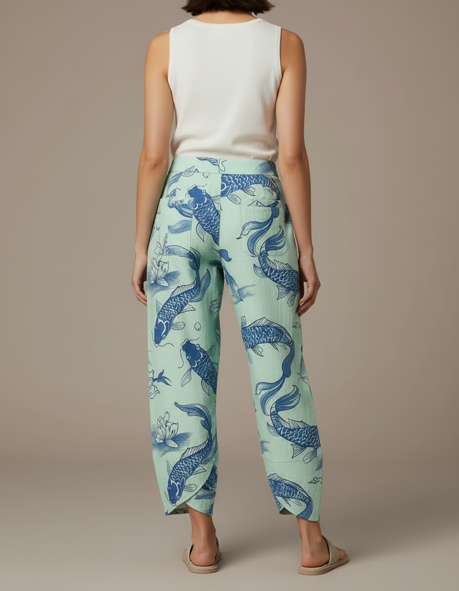 Pantalon Japonais Vert Menthe Carpe Koi Ample Fluide - Lin - vue 2