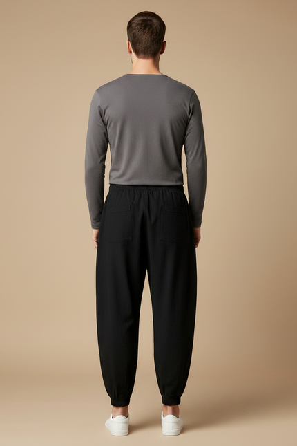 Pantalon Japonais Noir Harem Brodé Dragon Ample - Lin - vue 2