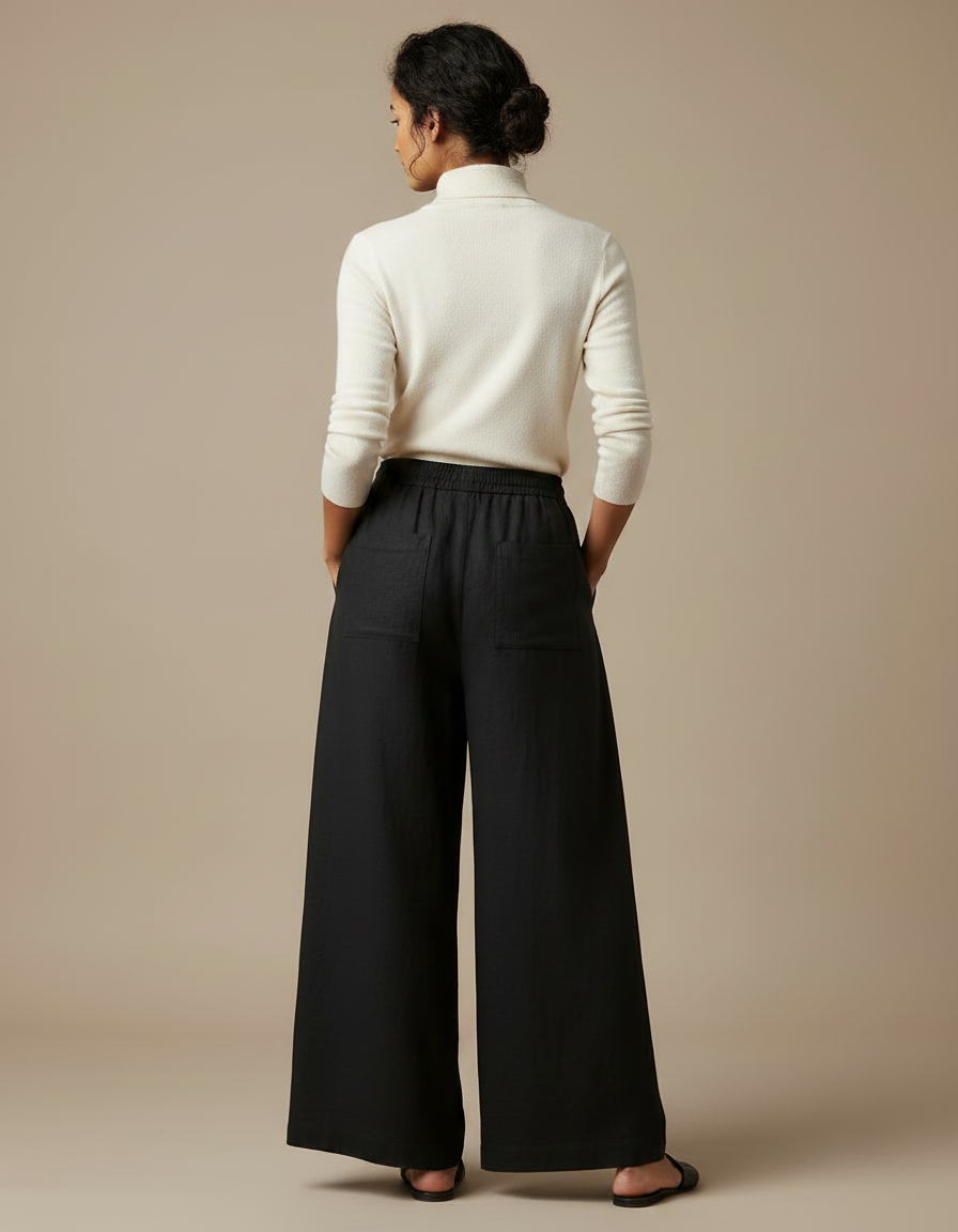 Pantalon Japonais Noir Ample Lin Fluide Femme - vue 2