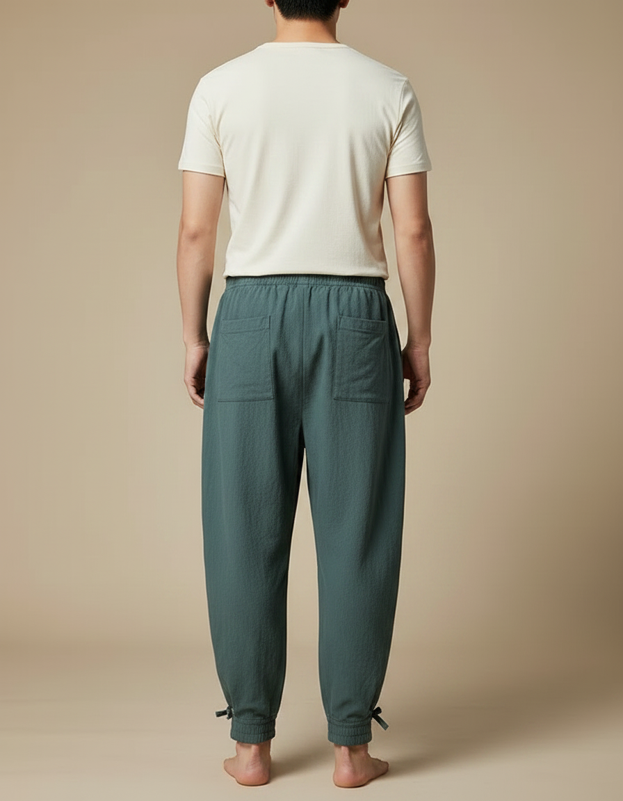 Pantalon Japonais Vert Ample Coton Chevilles Nouées Homme - vue 2