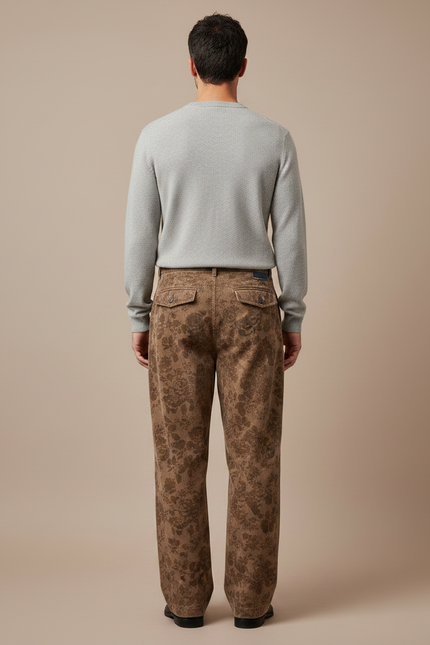 Pantalon Japonais Marron Fleuri Velours Côtelé Ample - Cordé - vue 2