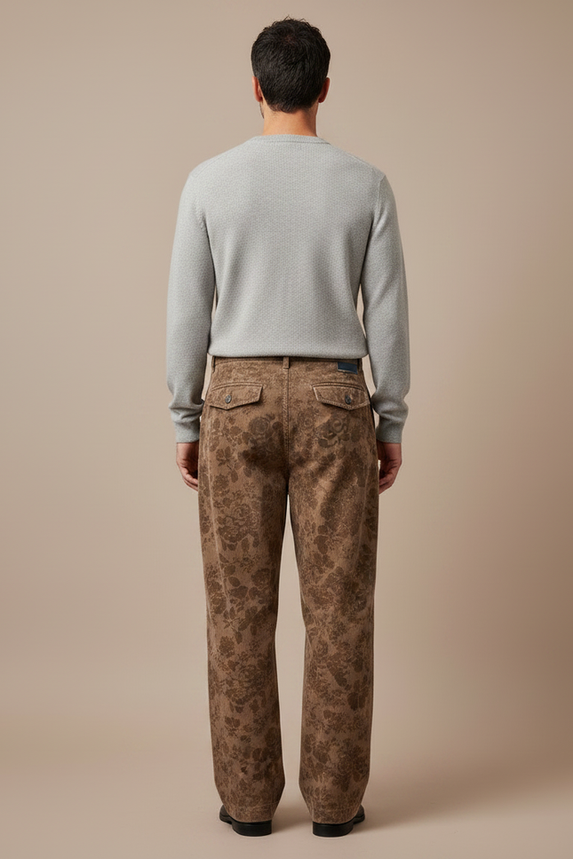 Pantalon Japonais Marron Fleuri Velours Côtelé Ample - Cordé - vue 2