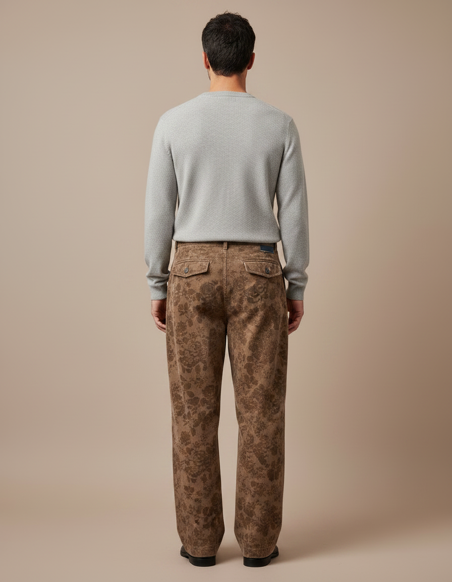 Pantalon Japonais Marron Fleuri Velours Côtelé Ample - Cordé - vue 2