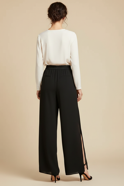 Pantalon Japonais Noir Fluide Fendu Élégant Chiffon - Polyester - vue 2