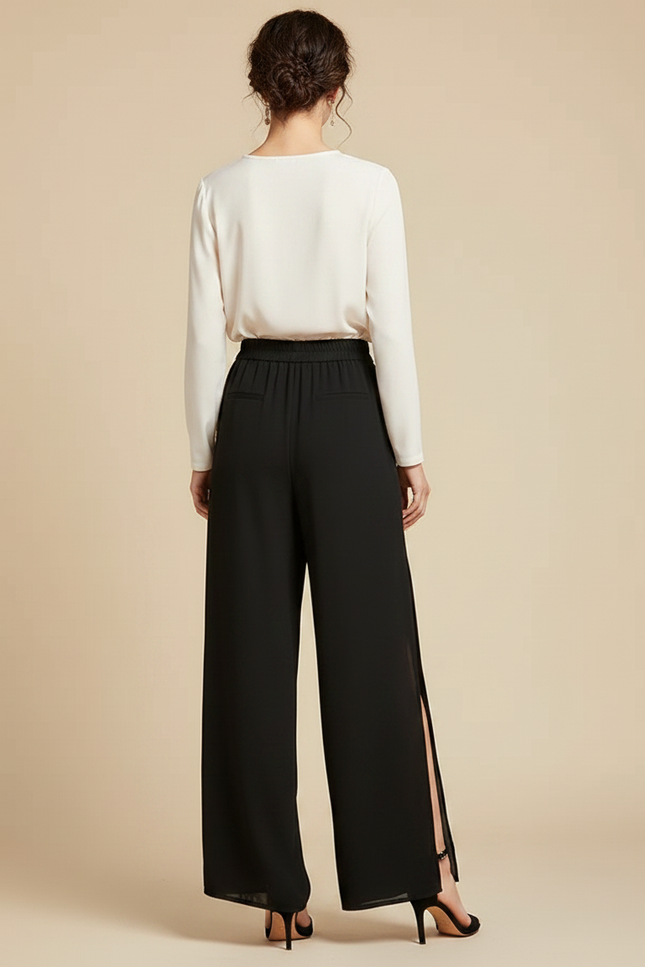 Pantalon Japonais Noir Fluide Fendu Élégant Chiffon - Polyester - vue 2