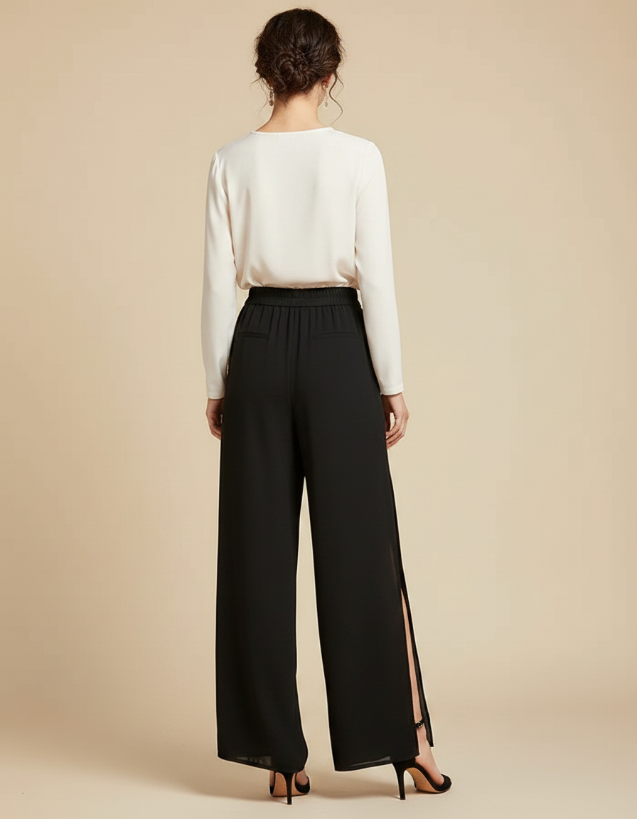 Pantalon Japonais Noir Fluide Fendu Élégant Chiffon - Polyester - vue 2