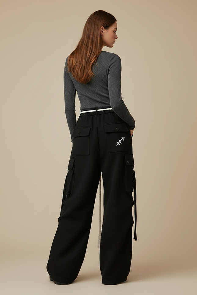 Pantalon Japonais Noir Ample Cargo Cordon Streetwear - Molleton - vue 2