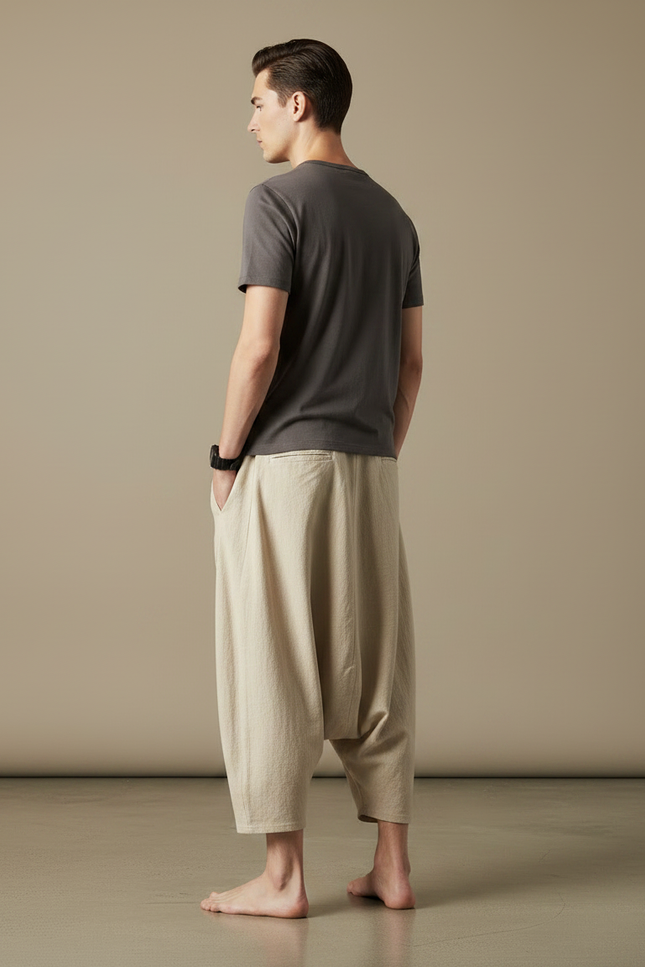 Pantalon Japonais Beige Ample Coton Lin Fluide - vue 2
