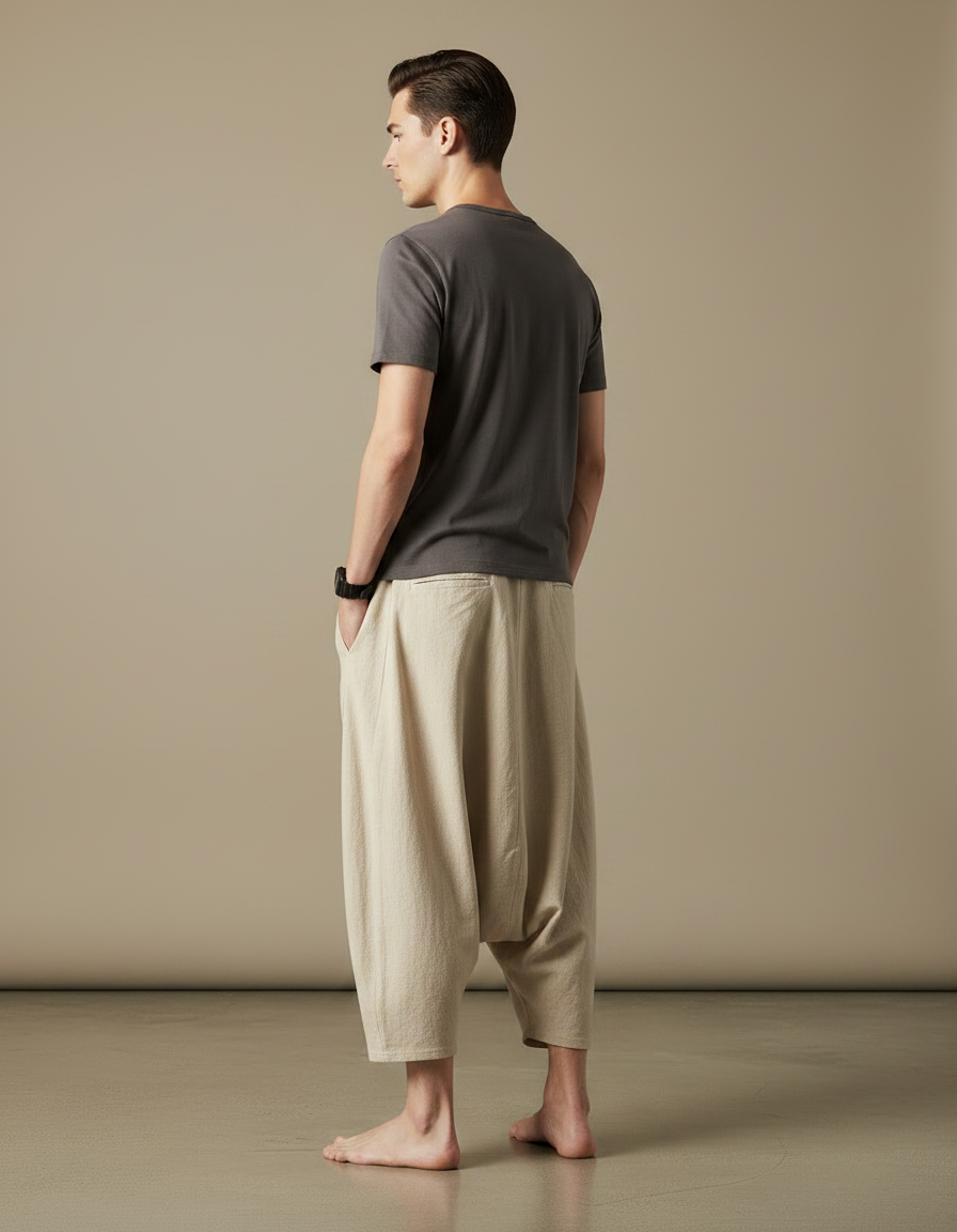 Pantalon Japonais Beige Ample Coton Lin Fluide - vue 2