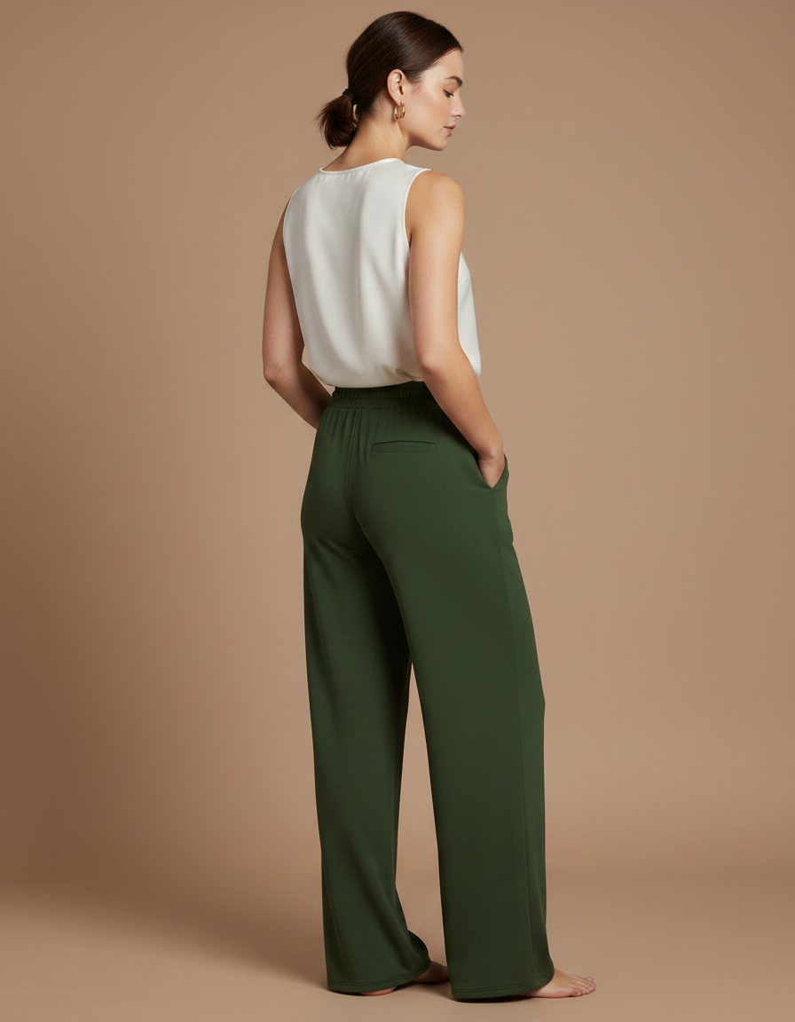 Pantalon Japonais Vert Ample Fluide Décontracté - Viscose - vue 2