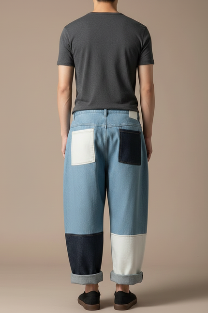 Pantalon Japonais Patchwork Denim Ample Décontracté Homme - Multicolore Jean - vue 2
