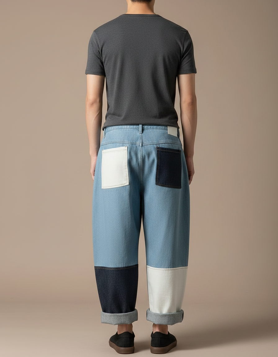 Pantalon Japonais Patchwork Denim Ample Décontracté Homme - Multicolore Jean - vue 2