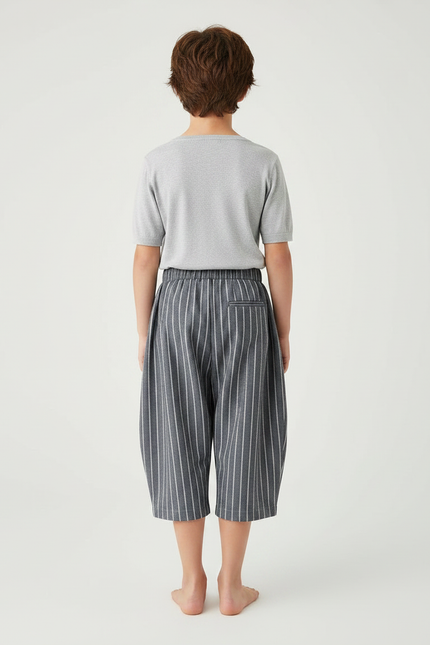 Pantalon Japonais Rayé Gris Ample Fluide Coton - vue 2