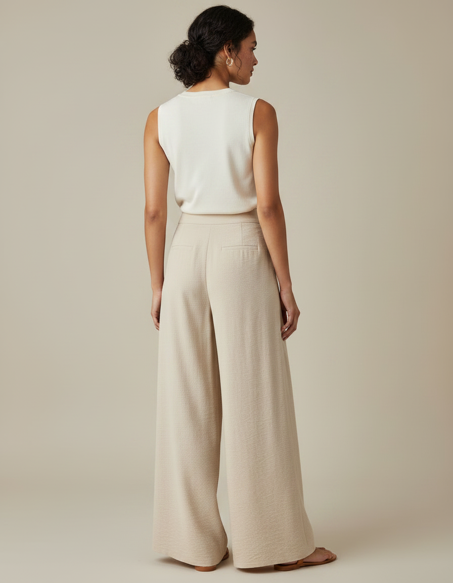 Pantalon Japonais Beige Ample Fluide Boutons Femme - Lin - vue 2
