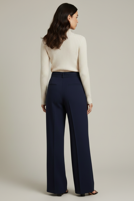 Pantalon Japonais Bleu Marine Fluide Élégant Ceinture Métal - Polyester - vue 2