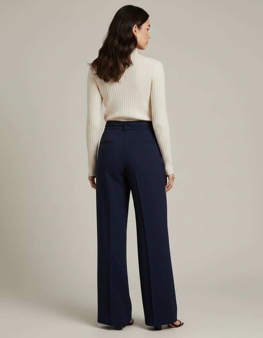 Pantalon Japonais Bleu Marine Fluide Élégant Ceinture Métal - Polyester - vue 2