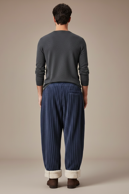 Pantalon Japonais Velours Côtelé Bleu Épais Ample Hiver - Marine Cordé - vue 2