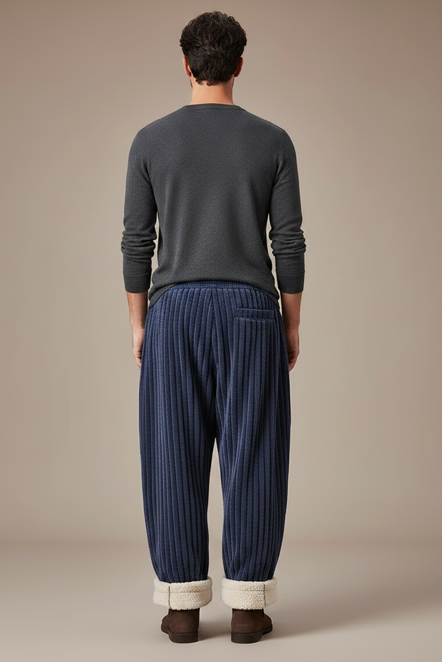 Pantalon Japonais Velours Côtelé Bleu Épais Ample Hiver - Marine Cordé - vue 2
