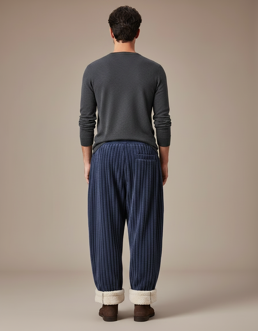Pantalon Japonais Velours Côtelé Bleu Épais Ample Hiver - Marine Cordé - vue 2