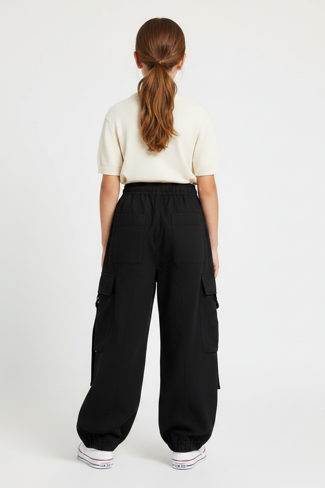 Pantalon Japonais Noir Cargo Ample Fille - Toile - vue 2