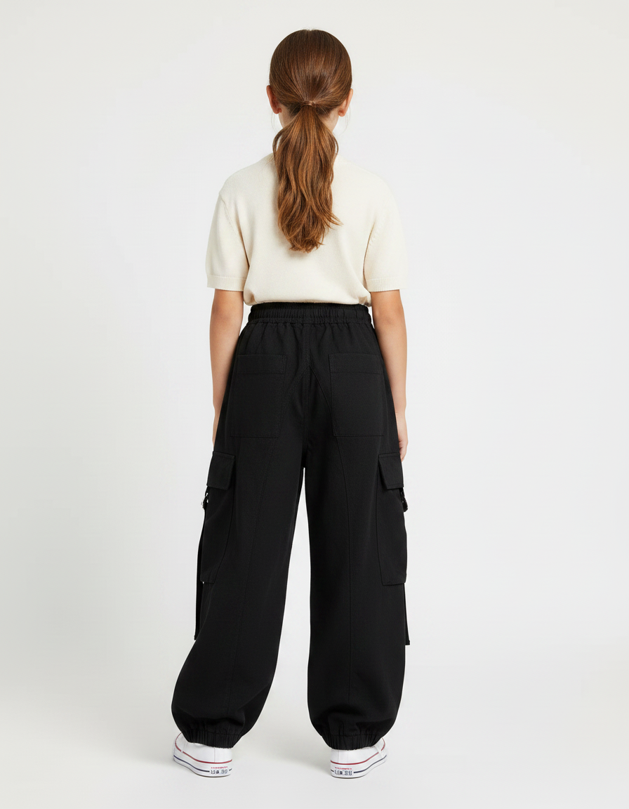 Pantalon Japonais Noir Cargo Ample Fille - Toile - vue 2