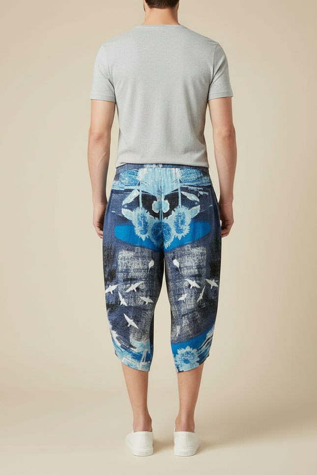 Pantalon Japonais Imprimé Bleu Ample Sarouel Décontracté - Viscose - vue 2