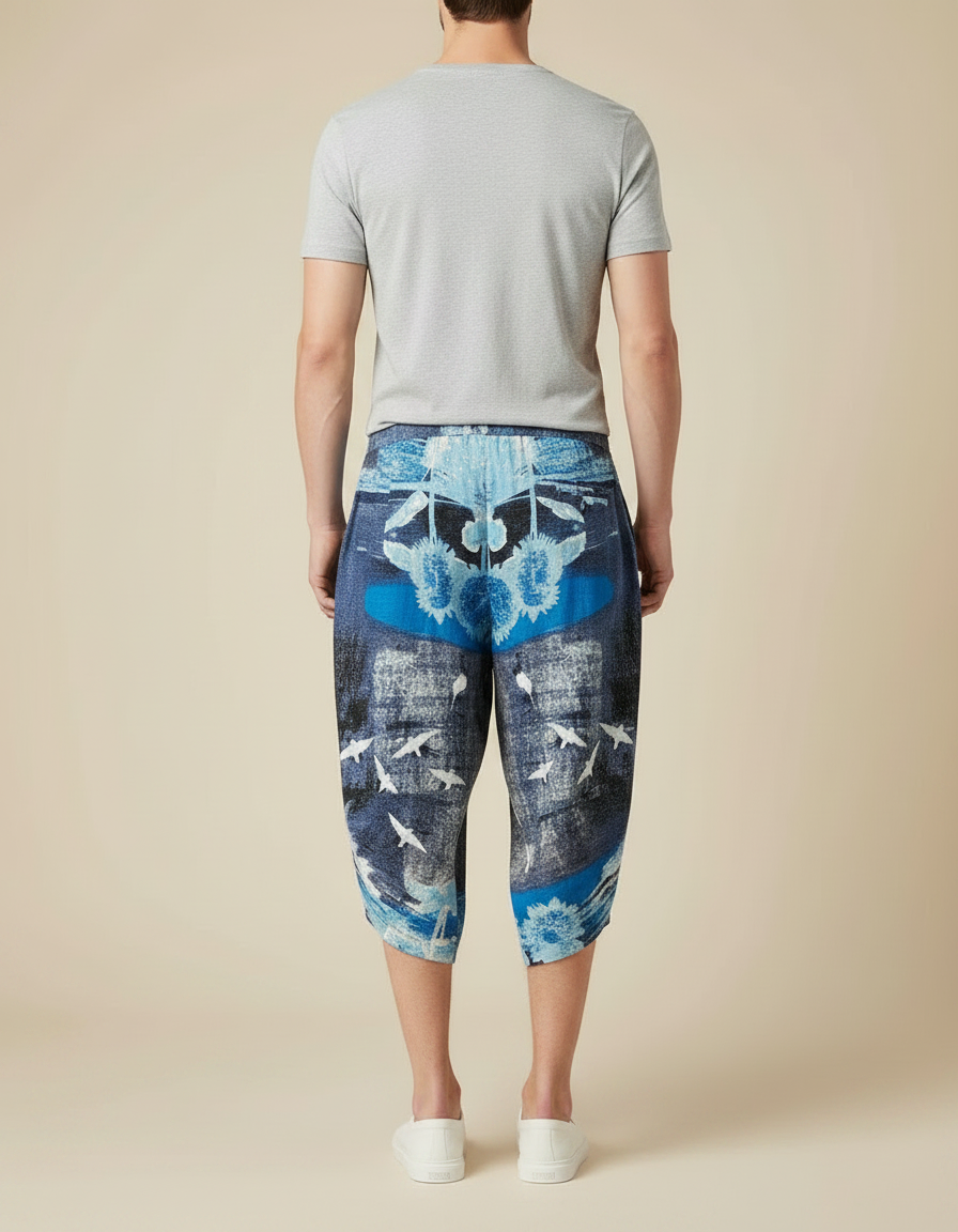 Pantalon Japonais Imprimé Bleu Ample Sarouel Décontracté - Viscose - vue 2