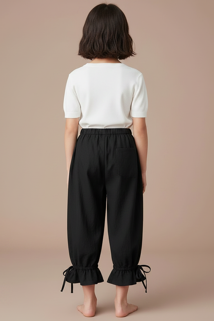 Pantalon Japonais Noir Fluide Ample Volants Fille - Lin - vue 2