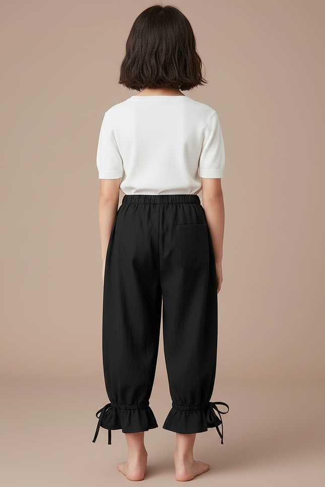 Pantalon Japonais Noir Fluide Ample Volants Fille - Lin - vue 2