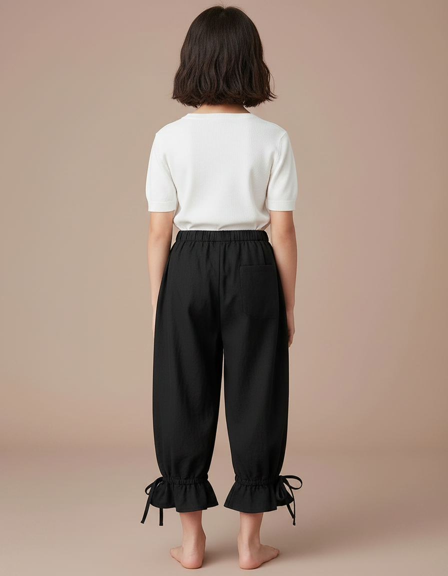 Pantalon Japonais Noir Fluide Ample Volants Fille - Lin - vue 2